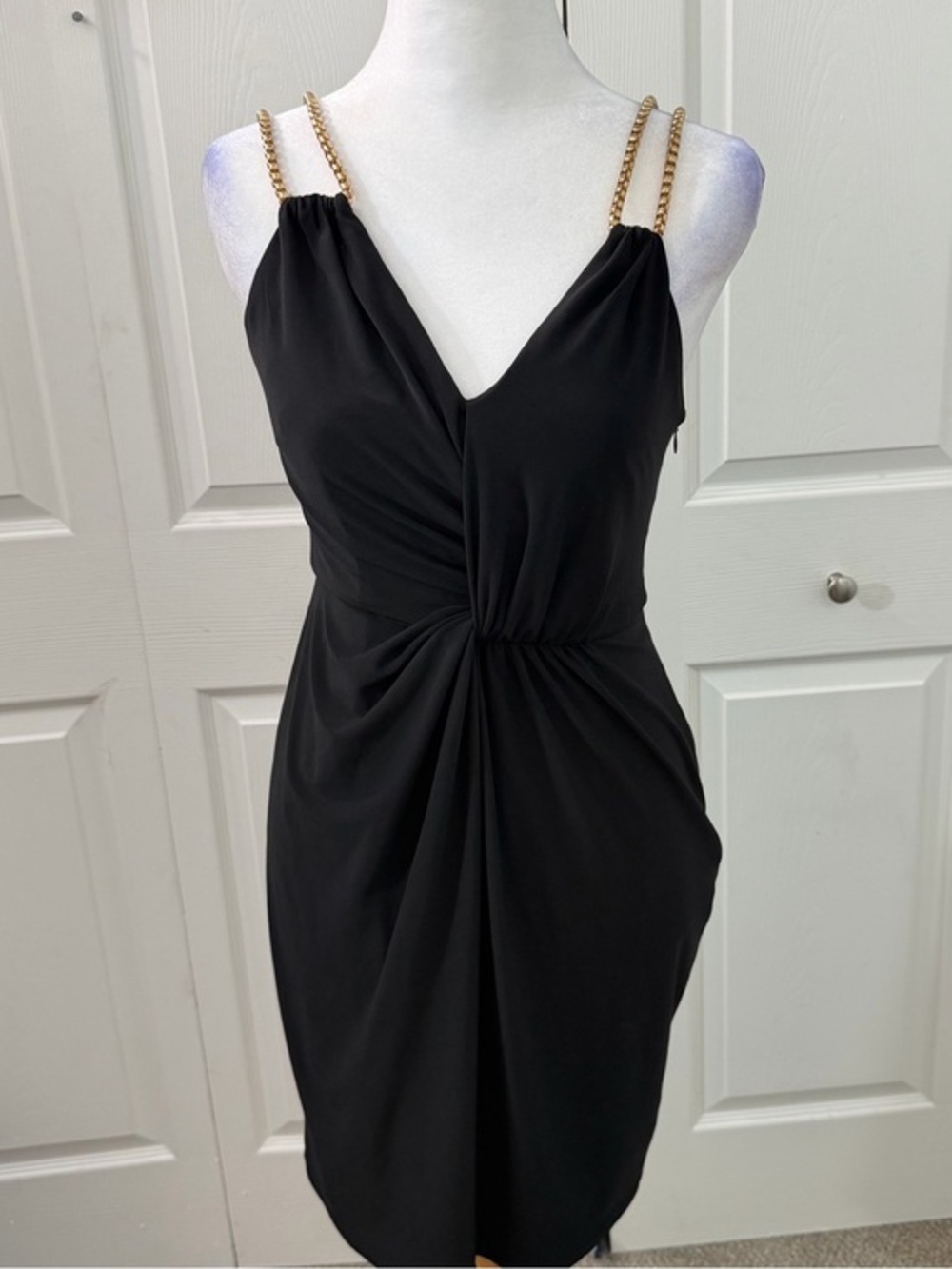 laundry by shelli segal black cocktail dress Gold Chain Strap Ruched Size 2 KissProm Spaghetti Straps Pink Pattern_Animal Print Mini dress while the center back Colour:Black Natural